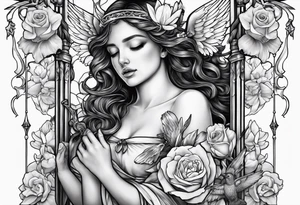 crying broken angel on swing with rose, lily daffodil, daisy, carnation narcissus and hummingbird tattoo idea