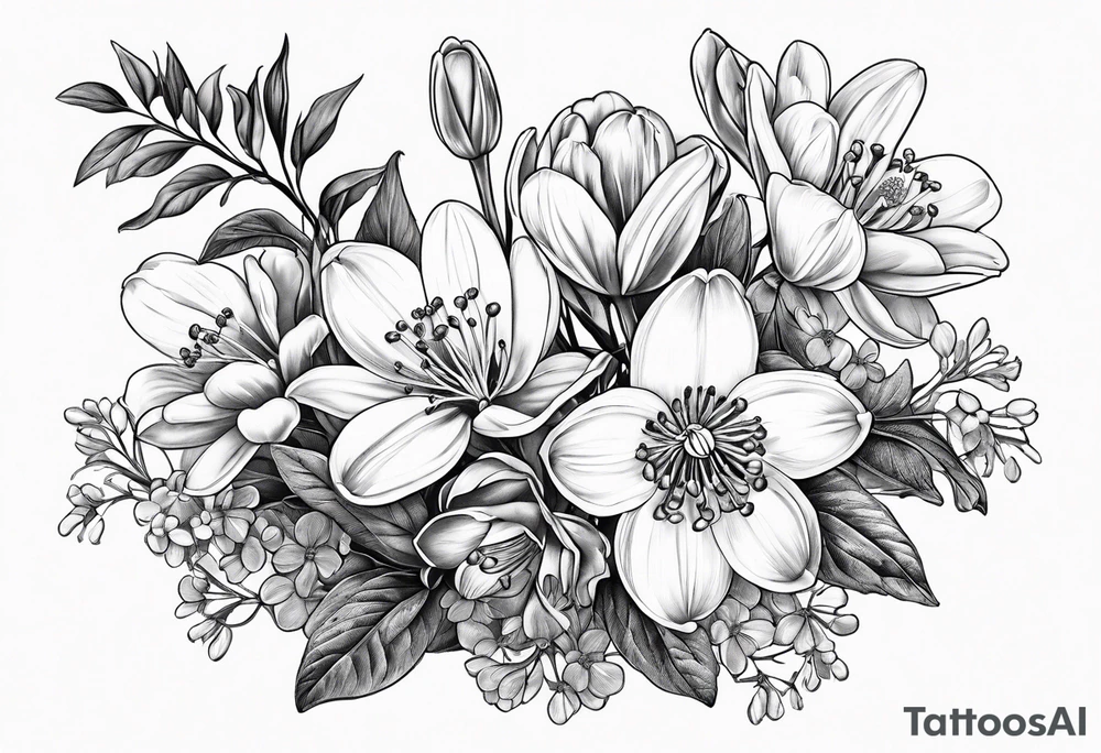 Bouquet with One snowdrop, One hawthorn flower, Two honeysuckle blooms, tattoo idea