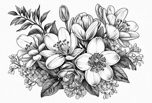 Bouquet with One snowdrop, One hawthorn flower, Two honeysuckle blooms, tattoo idea