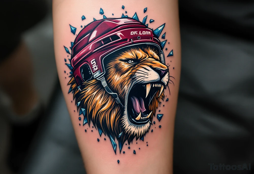 A stylized lion roaring through a maroon hockey helmet, with icy blue shards flying around. tattoo idea
