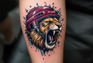 A stylized lion roaring through a maroon hockey helmet, with icy blue shards flying around. tattoo idea