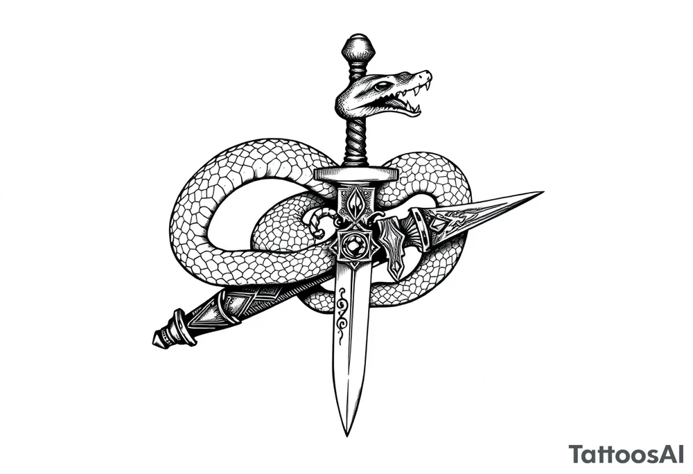 mystical snake coiled around an ancient dagger with jeweled hilt tattoo idea