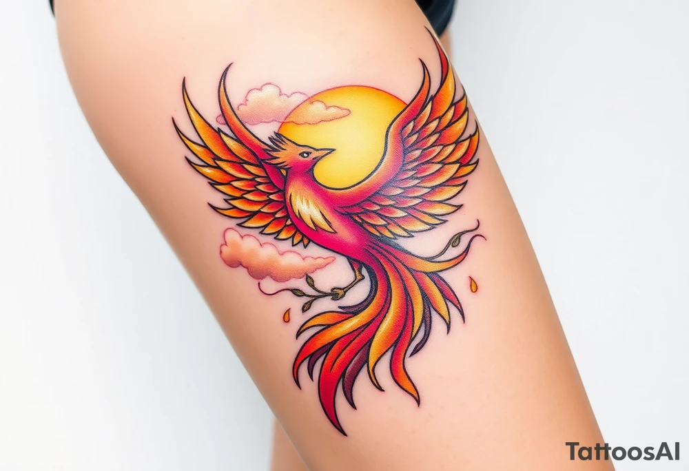 magnificent phoenix rising from flames with trailing embers pinks golds orange and yellows with a golden sunset and sky with puffy clouds and heaven backdrop tattoo idea