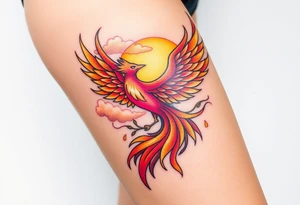 magnificent phoenix rising from flames with trailing embers pinks golds orange and yellows with a golden sunset and sky with puffy clouds and heaven backdrop tattoo idea