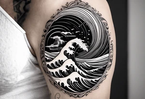 Many small Waves and a sandy beach in black and White, INSIDE a shape of an upright bodyboard tattoo idea