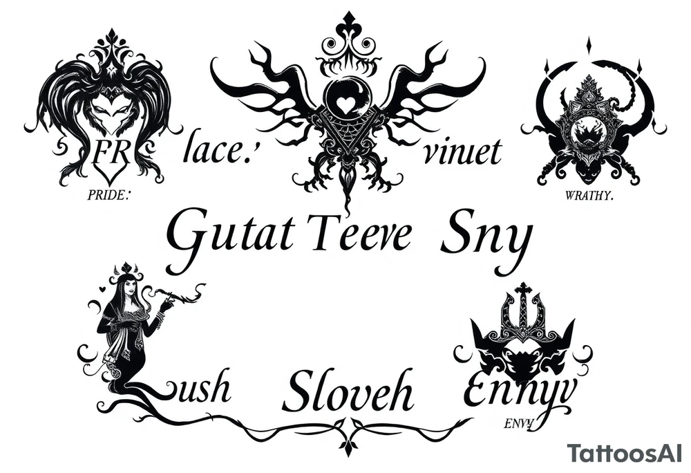 powerful sexy seven deadly sins stencil  with words greed, pride, gluttony, wrath, lust, sloth and envy, with a darkness kind of feeling tattoo idea