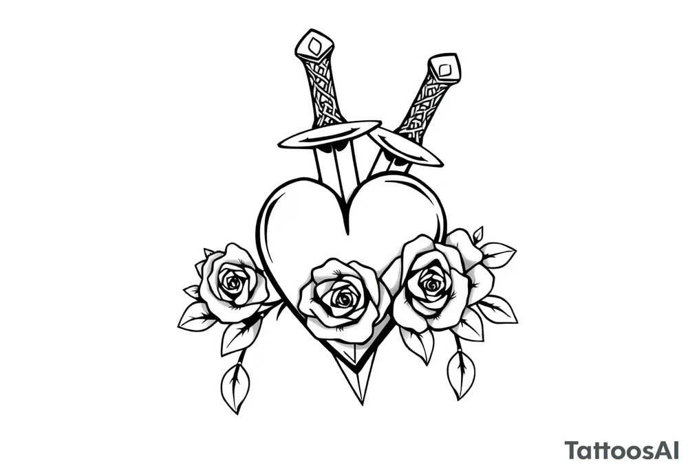 dagger piercing a heart with roses tattoo idea