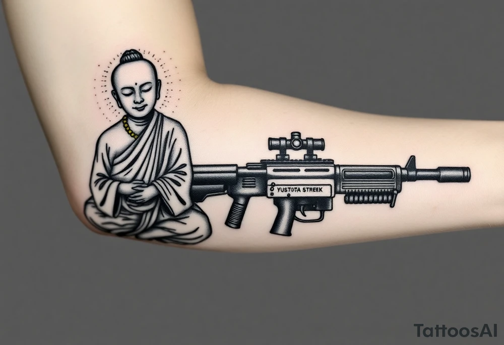 "Black ink tattoo fusing war and enlightenment:  
1. LEFT SIDE: Hyper-detailed Buddhist monk in lotus pose (dotwork shading)  
2. RIGHT SIDE: Maxim M1910 machine gun (geometric outline)  
3. TRANSITION ZONE:  
   - Monk's robes dissolve into bullet belts  
   - Prayer beads become ammunition links  
   - Third eye aligns with gun sights  

Key details:  
- Mirror embedded in gun's scope (reflects wearer's eye)  
- Micro-text along barrel: *"Пустота стреляет"* (0.3mm font)  
- Mandala-shaped muzzle flash  

Style: Neo-tribal meets ukiyo-e. Size: 15cm forearm sleeve. No colors." tattoo idea