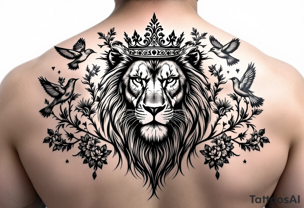 powerful majestic lion with a crown, surrounded by floral ornaments and birds tattoo idea