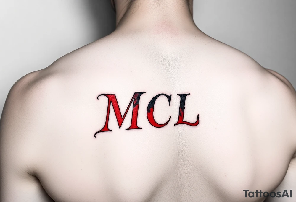 realistic tattoo design of "MCL" on upper left  side of chest, shaded to look as if tattoo was carved into the skin, red and black tattoo idea