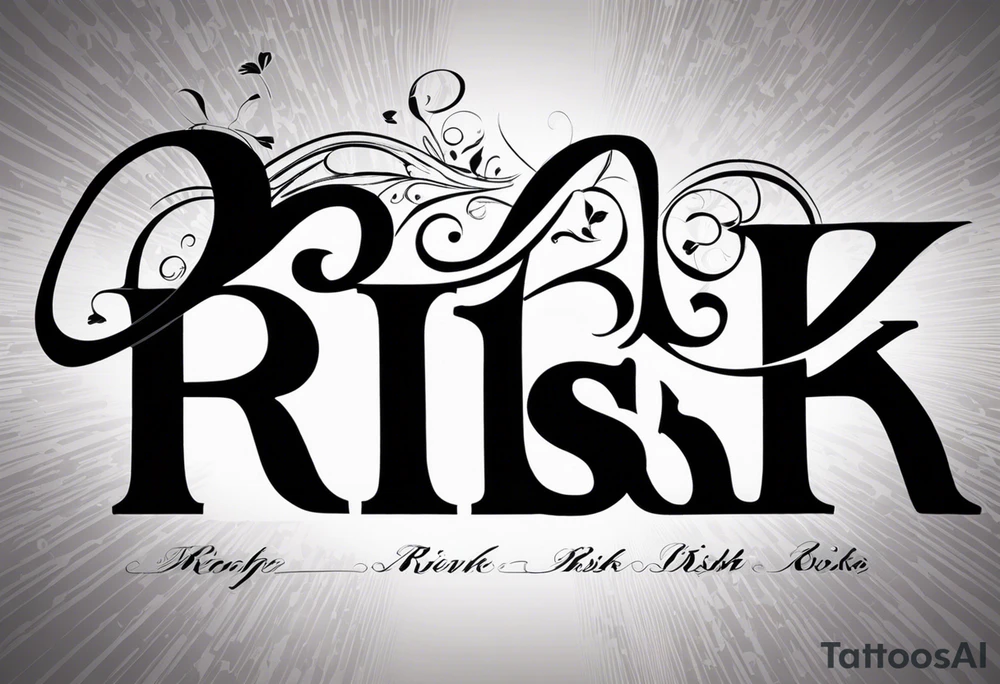 A forearm tattoo featuring the words “RICH” and “RISK” in bold, 3D block letters, shaded for a raised effect. Decorative swirls surround the words, adding elegance to the monochromatic black and gray design. The “RICH” and “RISK” tattoo represents the idea that achieving success often requires taking bold risks, symbolizing courage and ambition in the pursuit of wealth or personal growth. tattoo idea
