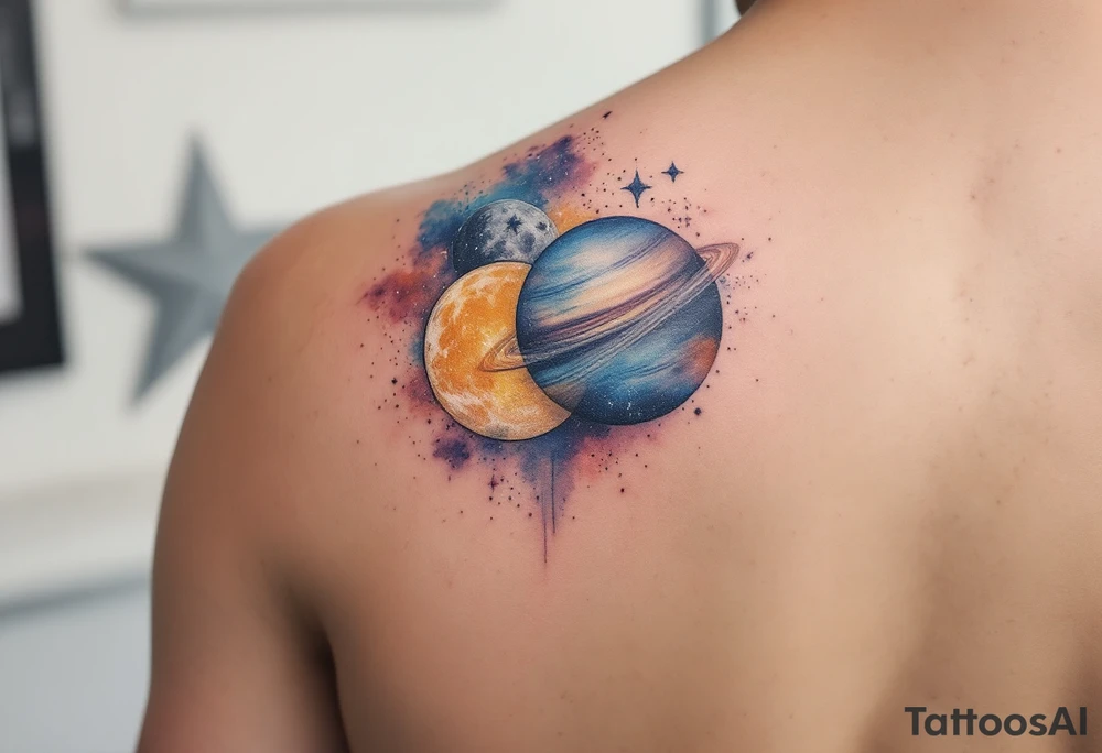 A soft watercolor galaxy with three celestial bodies (sun in gold, moon in silver, and a planet Saturn in deep blue) tattoo idea