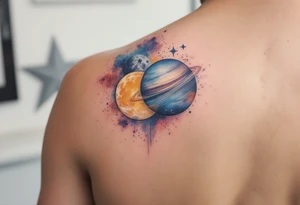 A soft watercolor galaxy with three celestial bodies (sun in gold, moon in silver, and a planet Saturn in deep blue) tattoo idea