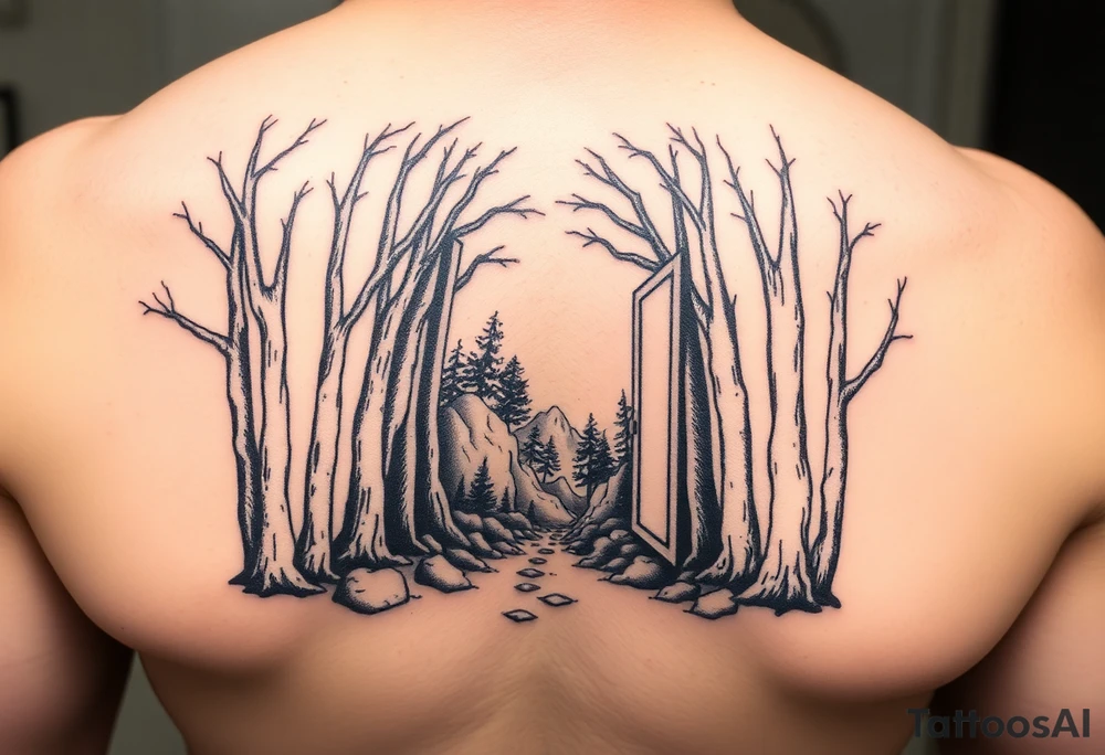 A forest with a doorway that is slightly ajar, leading to space tattoo idea