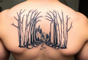 A forest with a doorway that is slightly ajar, leading to space tattoo idea