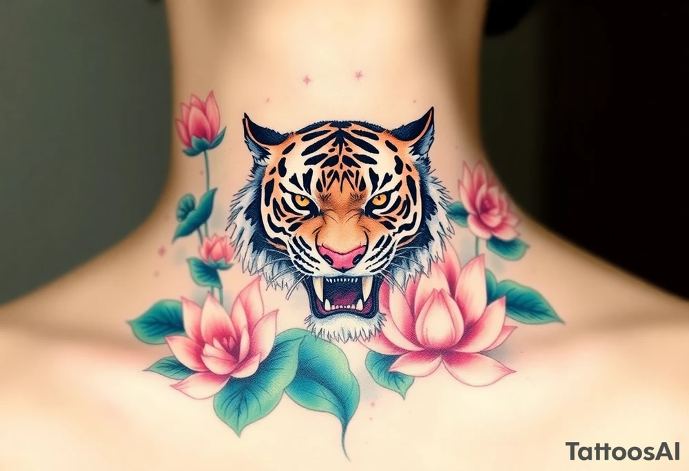 fierce tiger emerging through blooming lotus flowers in mist tattoo idea