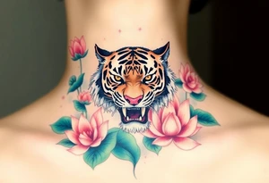 fierce tiger emerging through blooming lotus flowers in mist tattoo idea