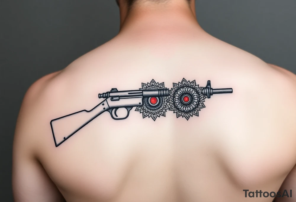 "Minimalist machine gun tattoo: Maxim 1910 outline flows into Tibetan mandala. Red dot sight is a tiny mirror. Black ink, geometric style, 10cm length. tattoo idea