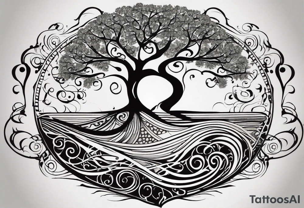 A tattoo design that incorporates the following elements: an abstract tree of life that has roots emerging  from the ground. Waves of water wrap around the tree in a non symmetrical design.  Incorporate musical notes into the tree. the letters U and A are overlapping and engraved into the tree. incorporate a golf ball or golf course symbols like a flag but not prominent. tattoo idea