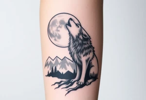 lone wolf howling at full moon with northern lights backdrop tattoo idea