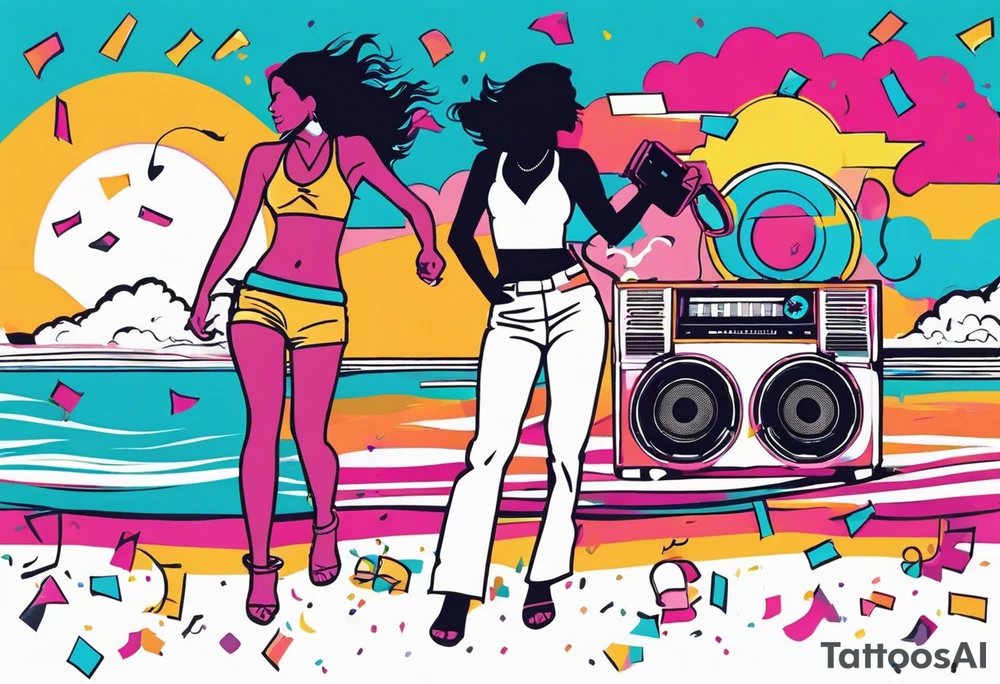 1980's miami vice style beach dance 
party, include confetti, music notes, boom box, bikinis sunset in the center tattoo idea