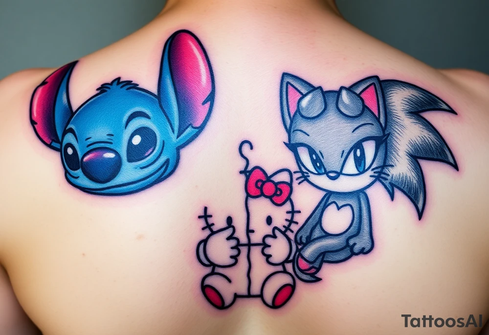 Stitch sonic hello kitty showing that they are good and bad half demons tattoo idea