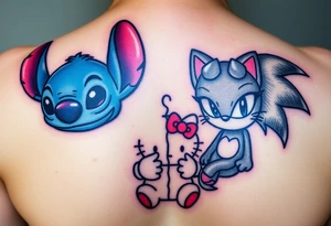 Stitch sonic hello kitty showing that they are good and bad half demons tattoo idea