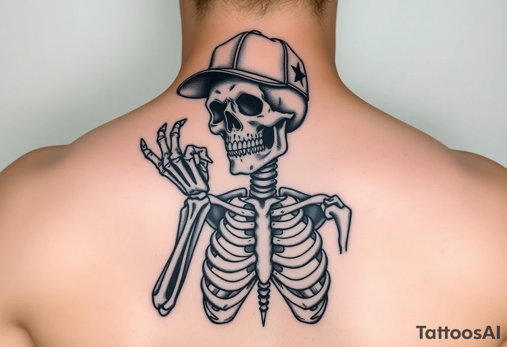 Skeleton with a fun ball cap doing devil s horn with fingers tattoo idea