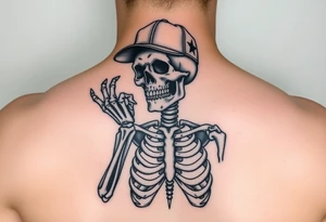 Skeleton with a fun ball cap doing devil s horn with fingers tattoo idea