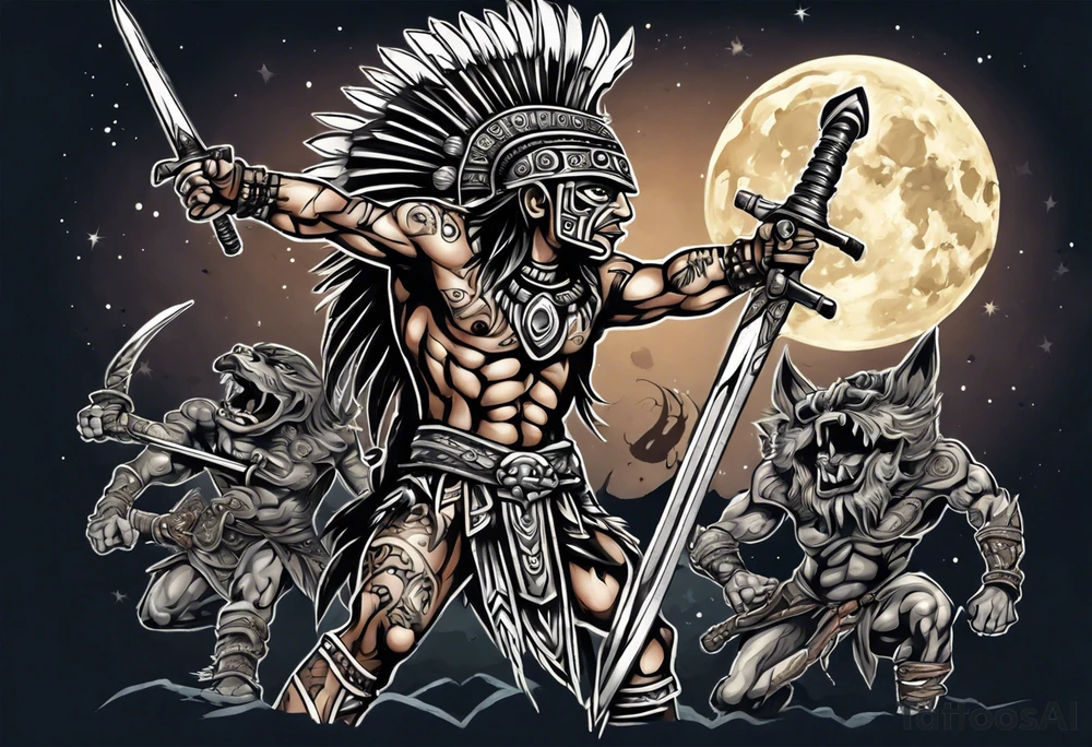 Aztec warrior with an obsidian sword fighting against goblins at night with moonlight skies tattoo idea