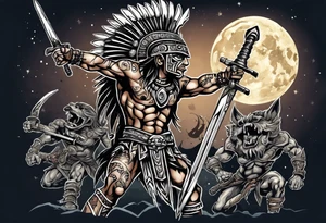 Aztec warrior with an obsidian sword fighting against goblins at night with moonlight skies tattoo idea