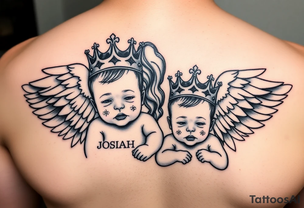 powerful beautiful realistic Women Angel with 2 baby boys one 1 almost 2 years older then the other  both boys wearki g king crowns with the names JOSIAH  and under name JOSIAH  romen numerals 7-06-2021 & the other younger baby in his crown saying ADIAN and under his name 3-10-2023 in roman numerals tattoo idea