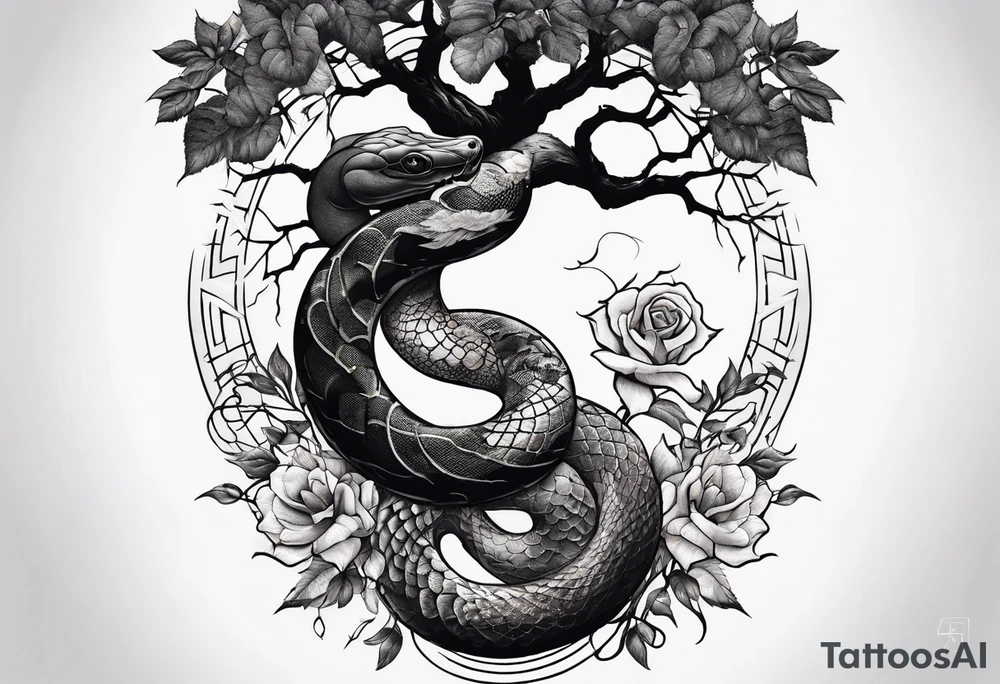 Tree yin and yang with roses and a snake tattoo idea