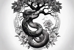 Tree yin and yang with roses and a snake tattoo idea