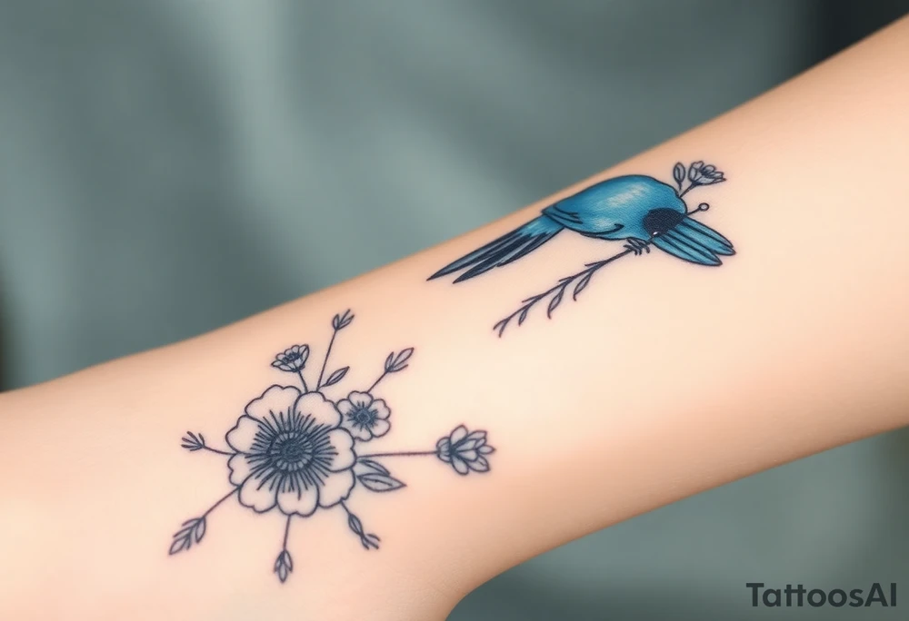 powerful majestic bluebird surrounded by wild flowers tattoo idea