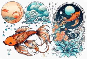 Water scene, featuring koi karp, jellyfish, the moon. With nods to Pisces. tattoo idea