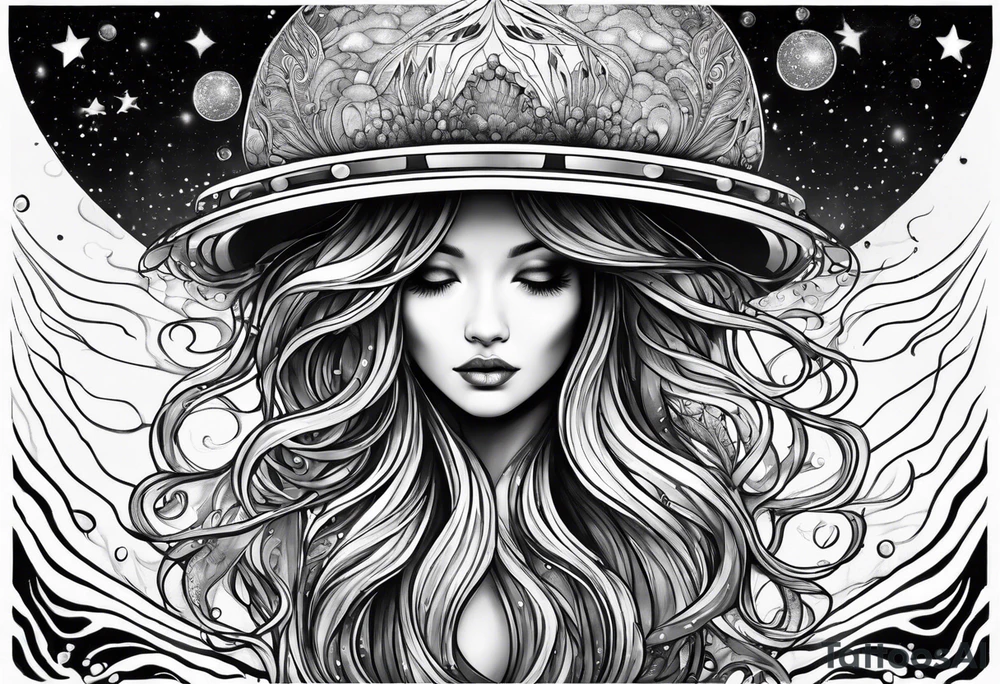 Stars, nebulas, and galaxys are inside a long slender jellyfish tattoo idea