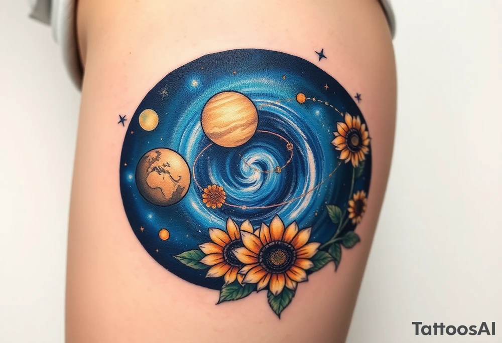 Milky way galaxy with planets with zodiac symbols and protection runes in it with tigerlillies roses and sunflowers tattoo idea