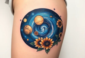 Milky way galaxy with planets with zodiac symbols and protection runes in it with tigerlillies roses and sunflowers tattoo idea