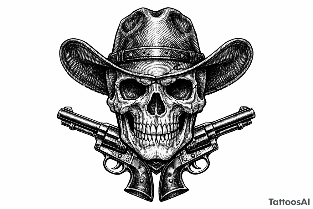 Victorian-era engraved skull, cowboy hat, two revolvers flanking its chin. tattoo idea
