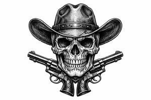 Victorian-era engraved skull, cowboy hat, two revolvers flanking its chin. tattoo idea