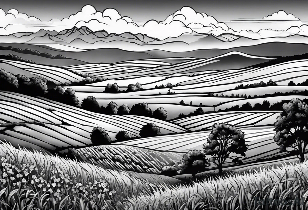 Men’s full arm sleeve. Rolling fields and the Tennessee mountains. With 4 Great Dane heads intertwined in the sleeve. tattoo idea