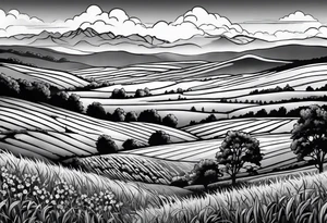 Men’s full arm sleeve. Rolling fields and the Tennessee mountains. With 4 Great Dane heads intertwined in the sleeve. tattoo idea