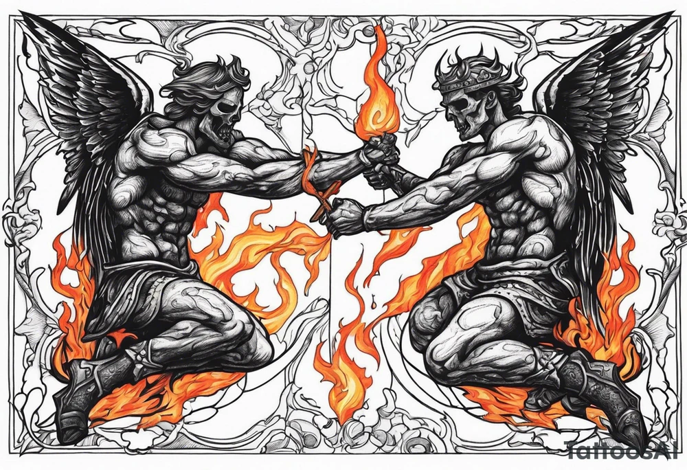 Angels fighting demons over fire with skulls in the background tattoo idea