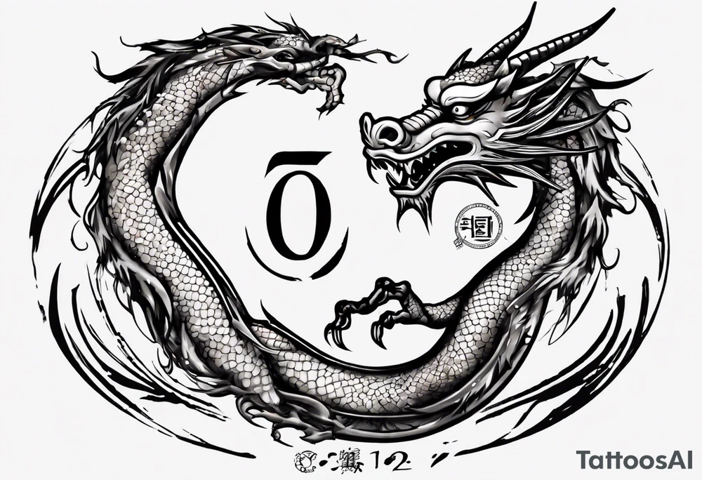 Chinese dragon in a circular shape with "02.03" written on its skin tattoo idea