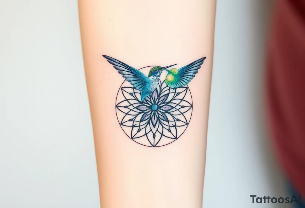 A hummingbird hovering near a Flower of Life centered in round cyrcle, representing harmony and the energy of life. tattoo idea