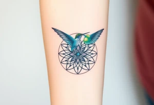 A hummingbird hovering near a Flower of Life centered in round cyrcle, representing harmony and the energy of life. tattoo idea