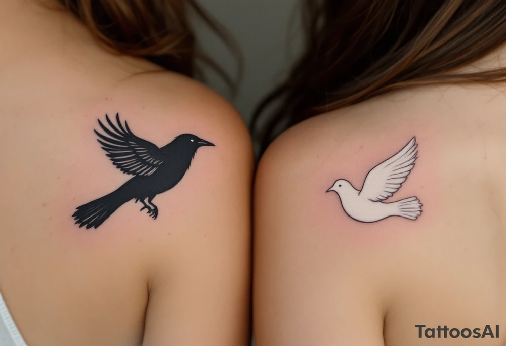 One partner wears a black crow in flight, and the other a white dove, symbolizing unity through contrast. tattoo idea