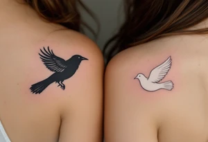 One partner wears a black crow in flight, and the other a white dove, symbolizing unity through contrast. tattoo idea