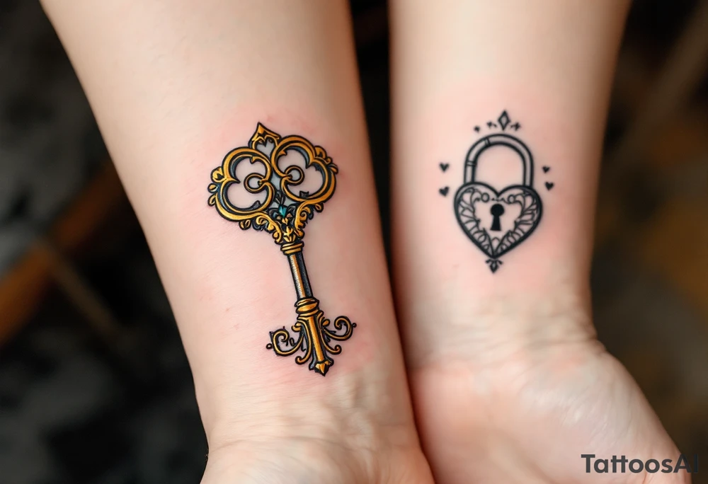 One has a vintage golden key with intricate filigree, and the other a heart-shaped lock in black and gray, matching on wrists or forearms. tattoo idea
